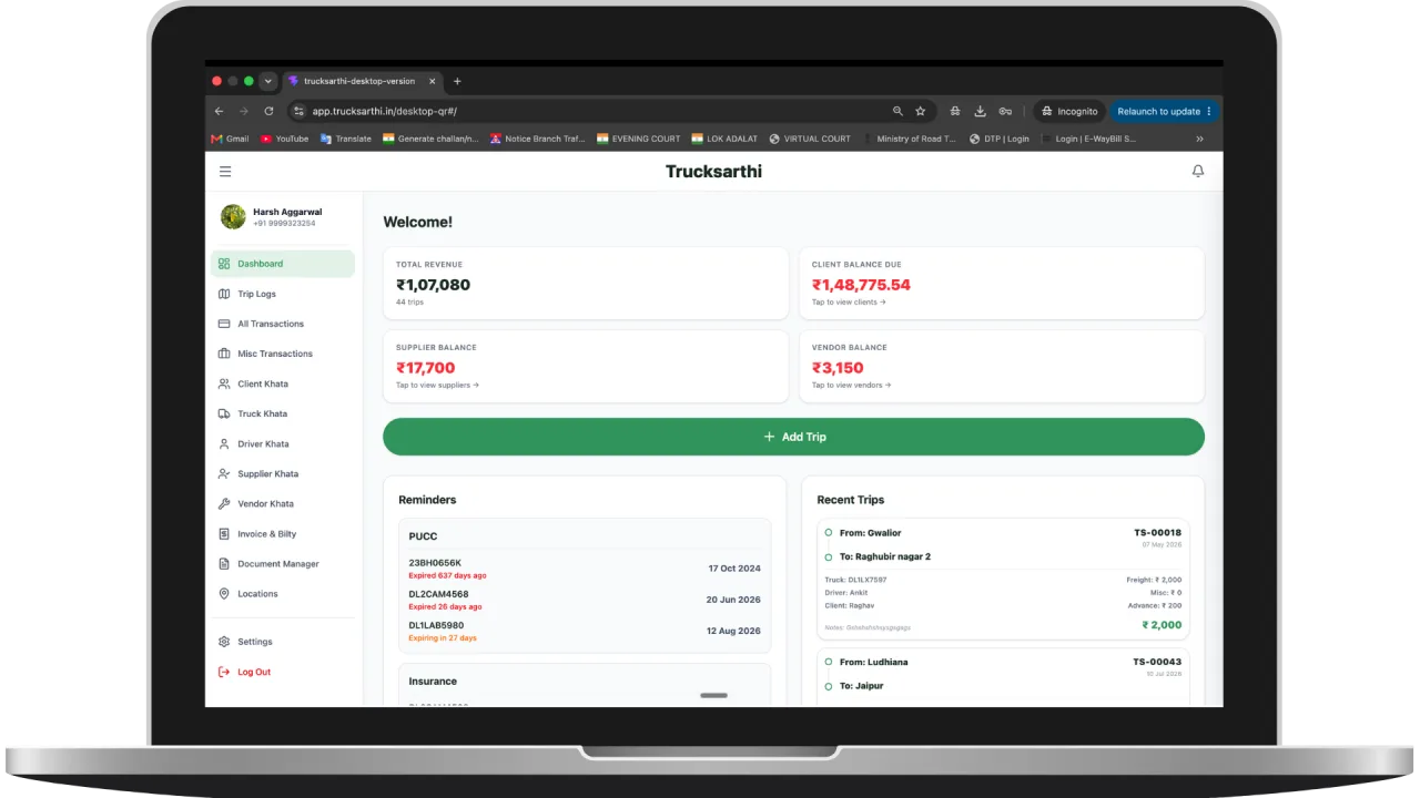 Trucksarthi desktop web dashboard